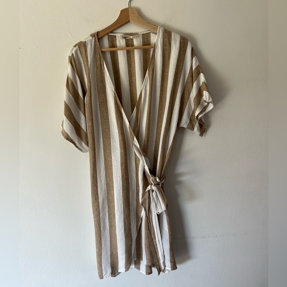 Faherty Willow Wrap Dress Bronze Stripe Short Sleeve Linen Blend Size Medium - Picture 2 of 11